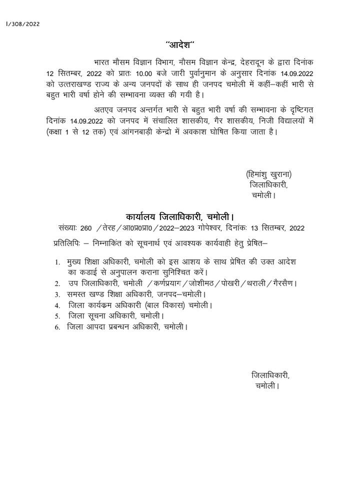 उत्तराखंड में इस जिले के लिए जारी हुआ भारी बारिश का अलर्ट, 14 Sep क़ो बंद रहेंगे स्कूल आदेश जारी।
