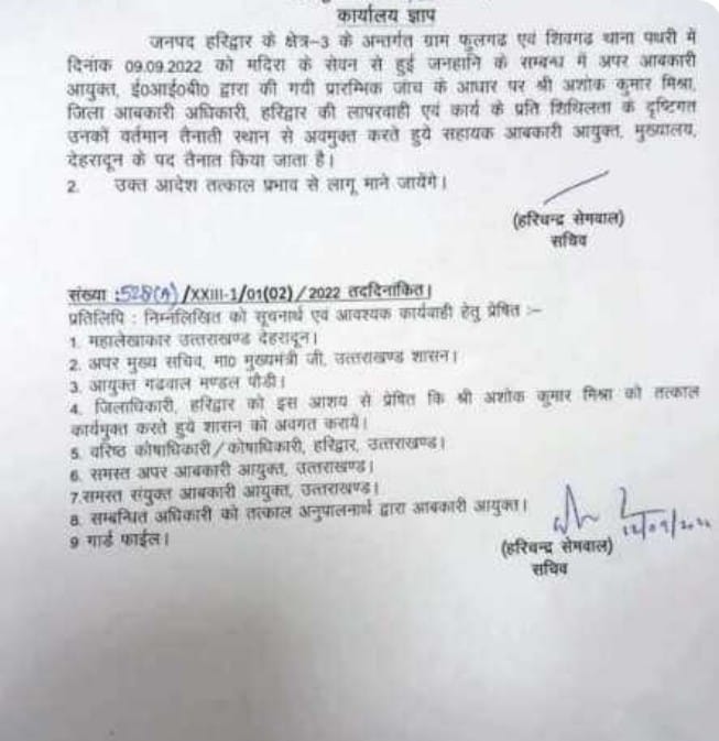 उत्तराखंड में हरिद्वार शराब कांड, सख्त धामी,अब जिला आबकारी अधिकारी हरिद्वार हटाए गए।