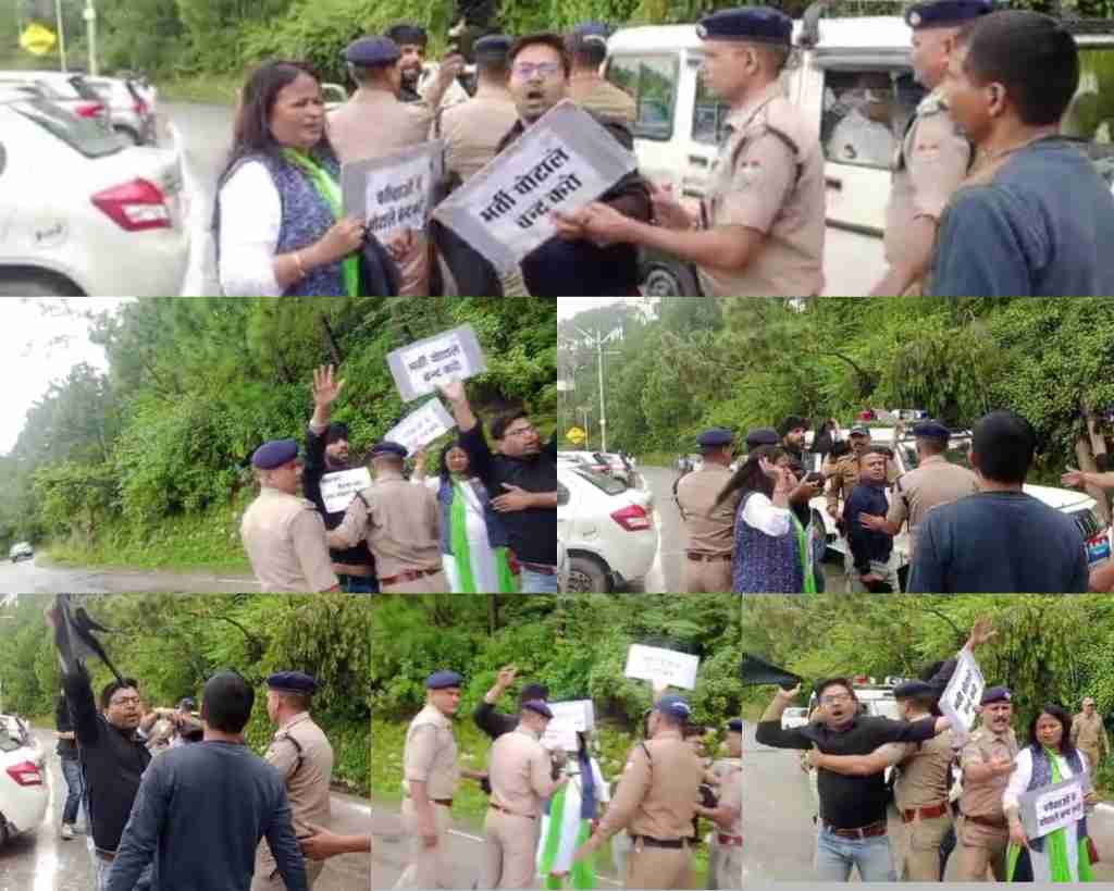 उत्तराखंड में वित्त मंत्री प्रेमचंद्र अग्रवाल के यहां दिखाएं काले झंडे, विधानसभा भर्ती घोटाले मामले को लेकर।