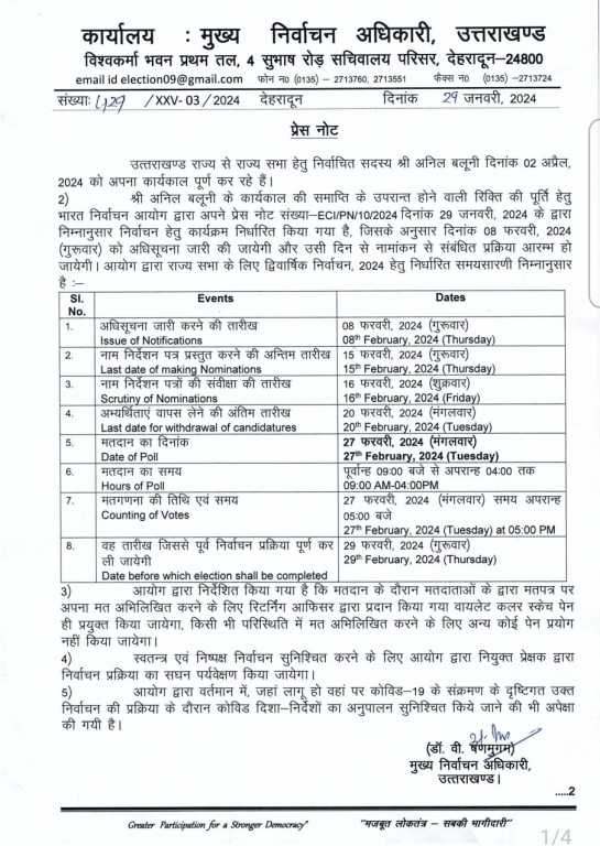 राज्यसभा की सीट पर 27 फरवरी को होगा मतदान, यह चुनाव कार्यक्रम हुआ जारी।
