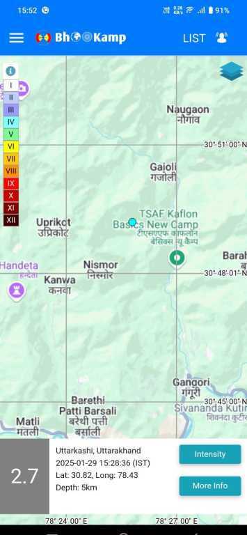 उत्तराखंड के उत्तरकाशी में आज फिर भूकंप के झटके, भूकंप की तीव्रता 2.7 रिक्टर स्केल रही।