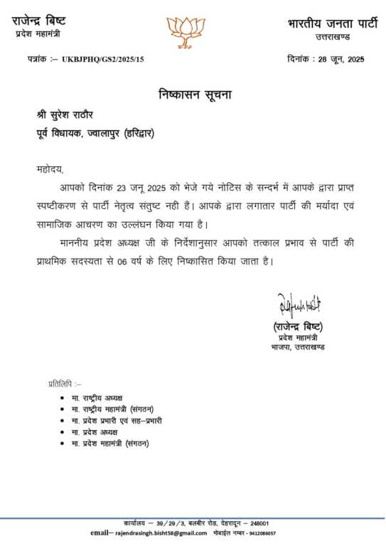 उत्तराखंड में आज बीजेपी ने पूर्व विधायक सुरेश राठौर को पार्टी से निकाला।