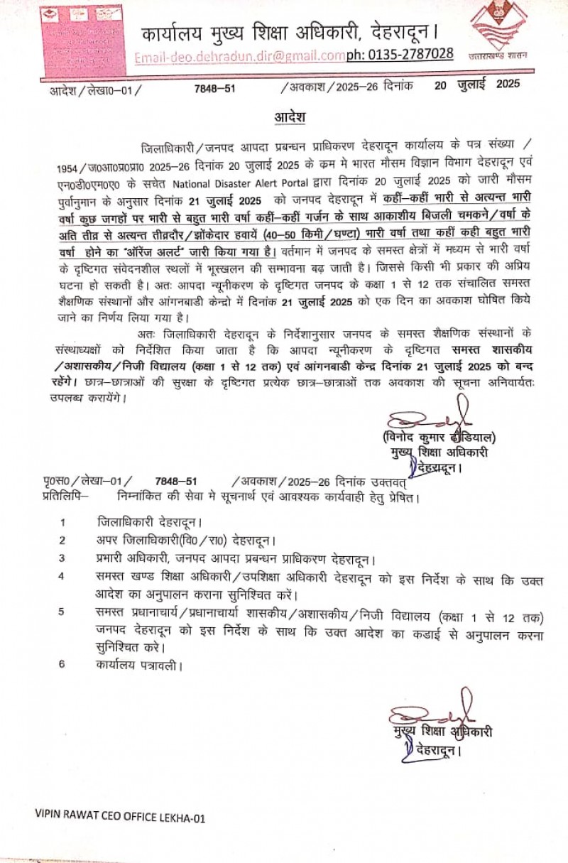 उत्तराखंड के देहरादून में सोमवार को बंद रहेंगे स्कूल, भारी बारिश की चेतावनी पर डीएम का आदेश।