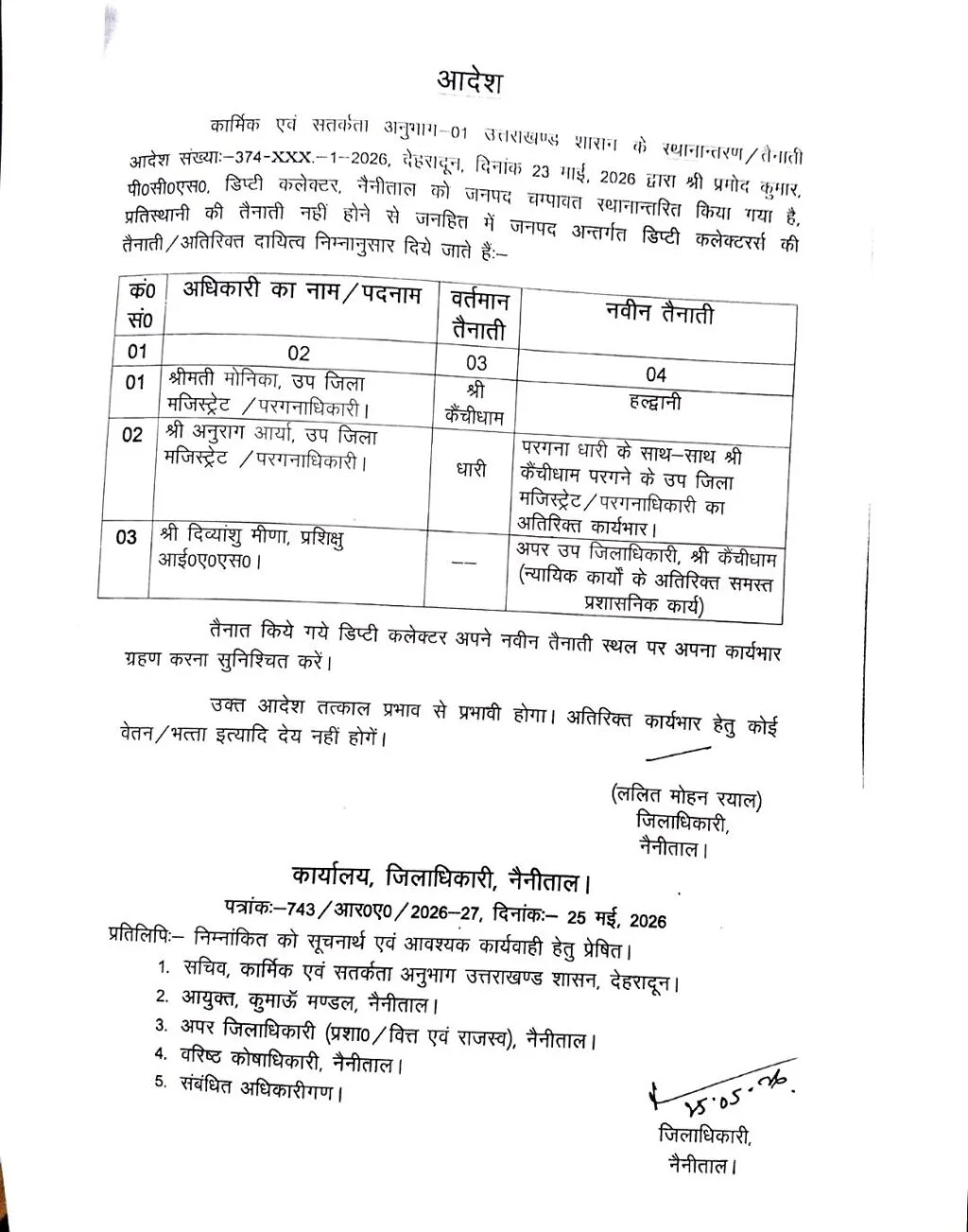 उत्तराखंड में यहाँ तीन अफसरों के तबादले, मिली नई जिम्मेदारी, देंखे आदेश।