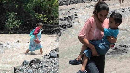 उत्तराखंड में सूर्यधार मार्ग पर बही पुलिया, थानो-भोगपुर से कटे गांव, भाई को गोद में उठाकर नाला पार करती बहन की तस्वीर वायरल।