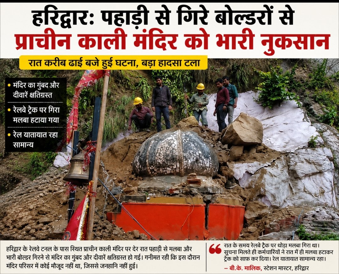 उत्तराखंड के हरिद्वार में रेलवे टनल के पास पहाड़ी से गिरे बोल्डर, प्राचीन काली मंदिर को नुकसान, रेल यातायात रहा सामान्य।