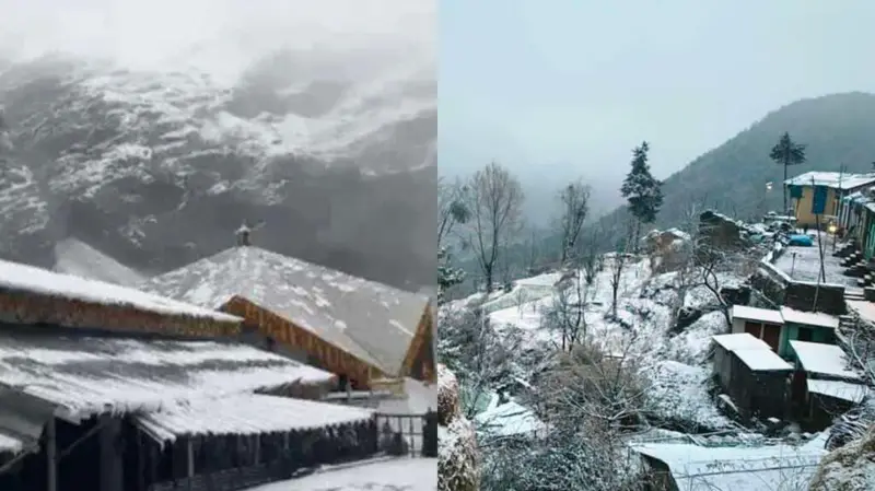 उत्तराखंड के पहाड़ों में बारिश के साथ बर्फबारी शुरू, मानसून विदाई से पहले ठंड की दस्तक।